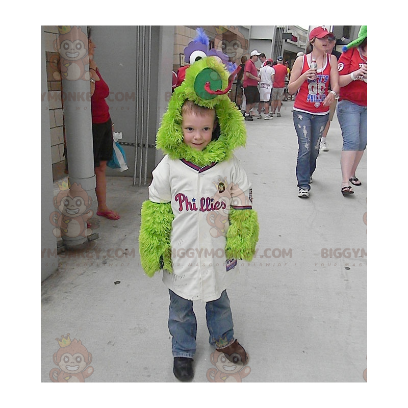 Traje de mascote de pássaro verde bonito e todo peludo