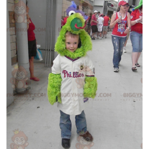 Costume da mascotte carino e tutto peloso uccello verde