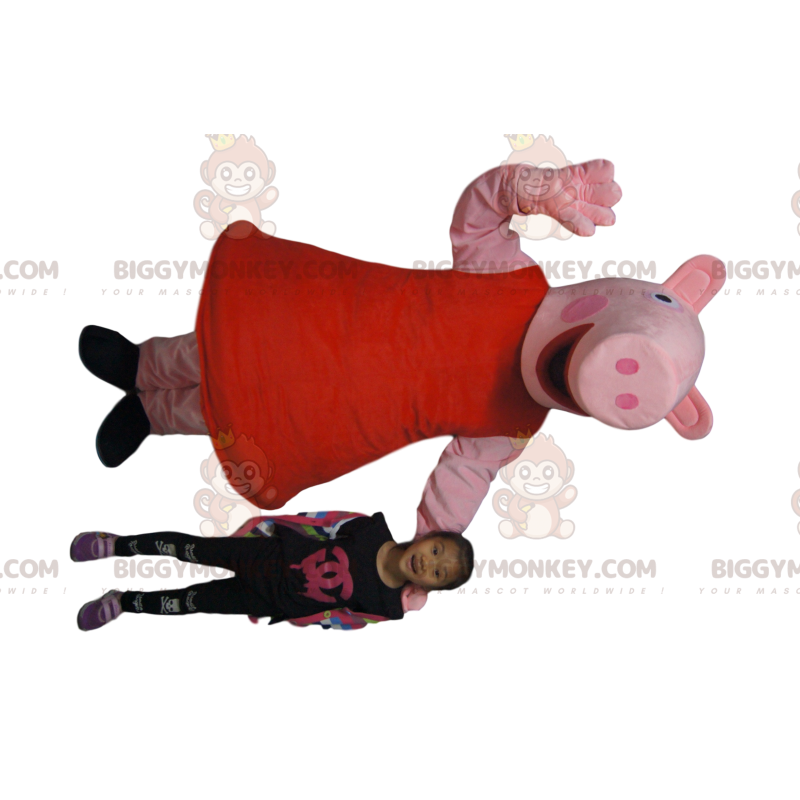 Very Smiling Pig BIGGYMONKEY™ Mascot Costume With Red Dress -