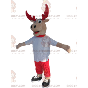 Reindeer BIGGYMONKEY™ Mascot Costume with Red Antlers and White