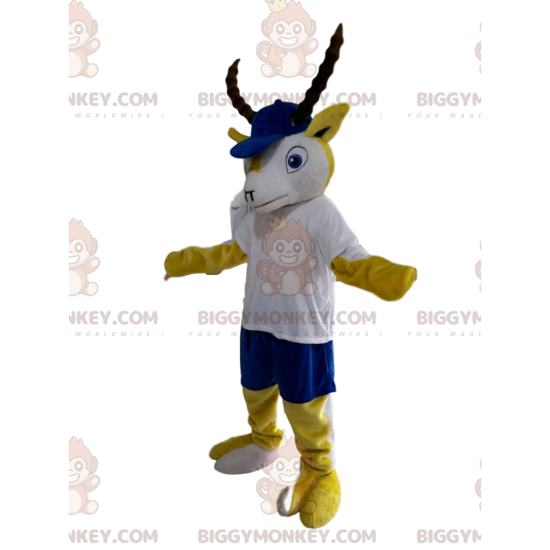 BIGGYMONKEY™ mascottekostuum geel en wit steenbok met blauwe