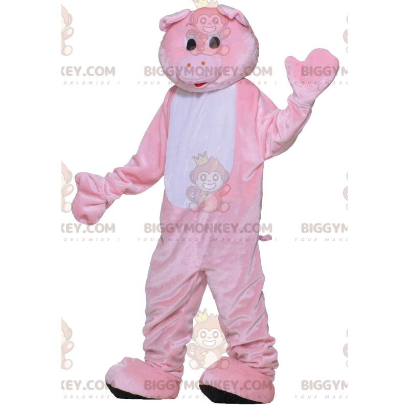 Bonito y colorido disfraz de mascota de cerdo rosa y blanco