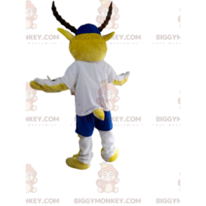 Traje de mascote BIGGYMONKEY™ Ibex amarelo e branco com boné