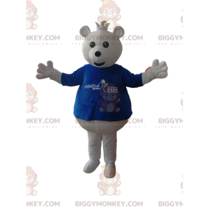 BIGGYMONKEY™ Witte teddybeer mascottekostuum met blauw T-shirt