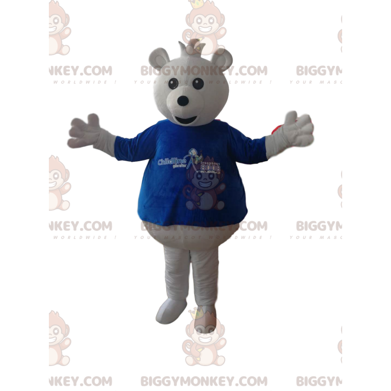 BIGGYMONKEY™ White Teddy Bear Mascot Costume With Blue T-Shirt