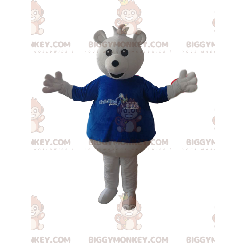 BIGGYMONKEY™ Witte teddybeer mascottekostuum met blauw T-shirt