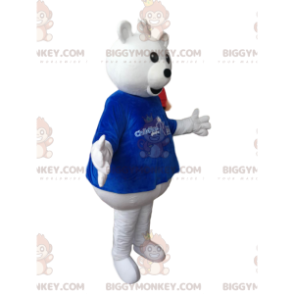BIGGYMONKEY™ Λευκή στολή μασκότ αρκουδάκι με μπλε μπλουζάκι -