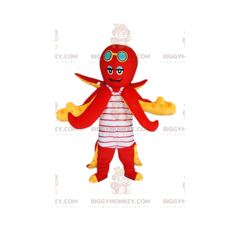Red Octopus BIGGYMONKEY™ Mascot Costume With Striped Swimsuit -