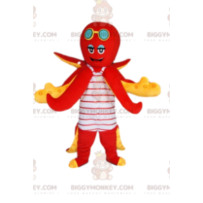 Red Octopus BIGGYMONKEY™ Mascot Costume With Striped Swimsuit –