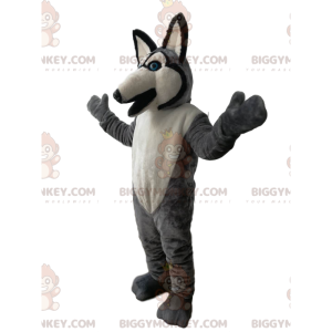 BIGGYMONKEY™ mascottekostuum grijze en witte wolf met blauwe