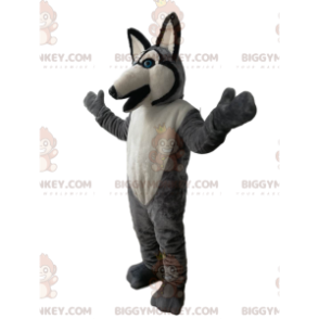 Traje de mascote BIGGYMONKEY™ Lobo cinza e branco com olhos
