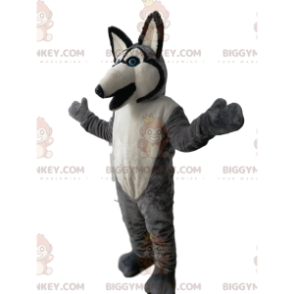 BIGGYMONKEY™ maskottiasu harmaa ja valkoinen susi sinisillä