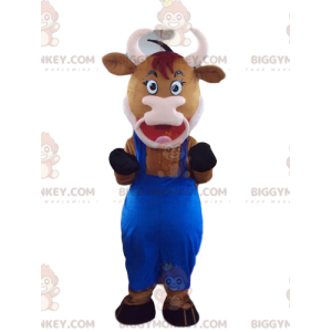 Costume da mascotte BIGGYMONKEY™ da mucca marrone con tuta blu