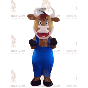 Kostým maskota hnědé krávy BIGGYMONKEY™ s modrým overalem –