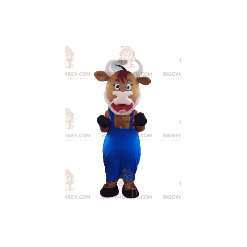 Brown Cow BIGGYMONKEY™ Mascot Costume With Blue Overalls –