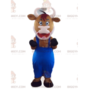 Costume da mascotte BIGGYMONKEY™ da mucca marrone con tuta blu