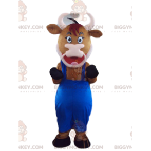 Traje de mascote de vaca marrom BIGGYMONKEY™ com macacão azul –