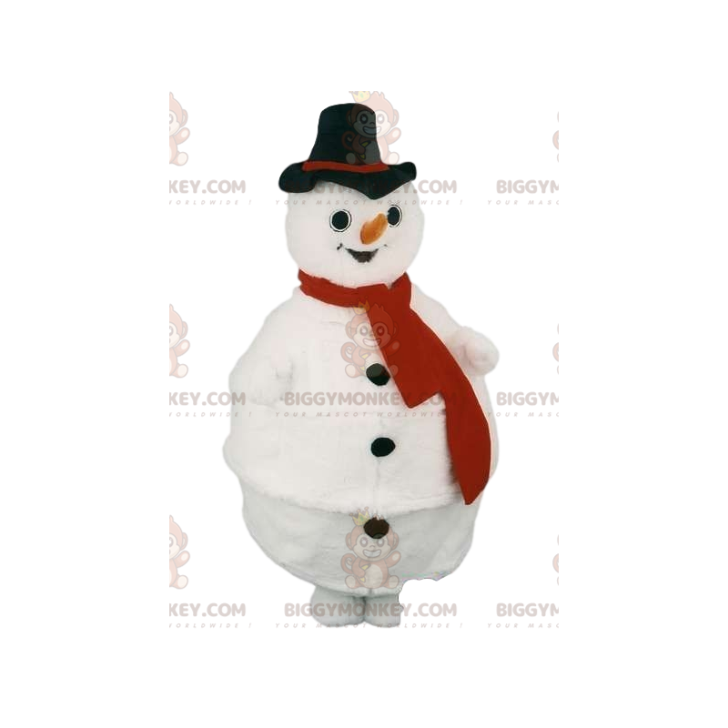 Snögubbe BIGGYMONKEY™ Maskotdräkt med röd halsduk och svart