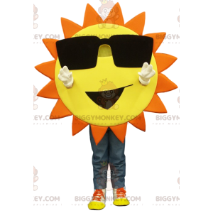 Costume de mascotte BIGGYMONKEY™ de soleil jaune et orange avec