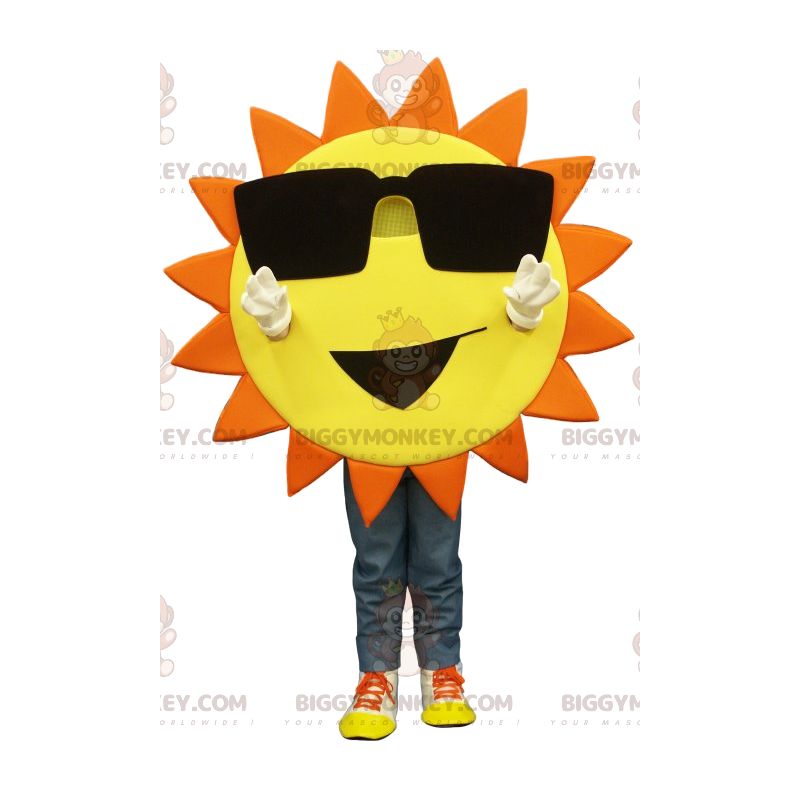 Costume de mascotte BIGGYMONKEY™ de soleil jaune et orange avec