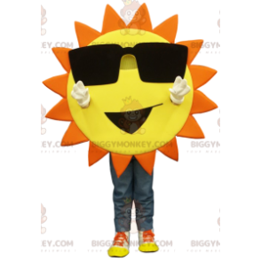 Costume de mascotte BIGGYMONKEY™ de soleil jaune et orange avec