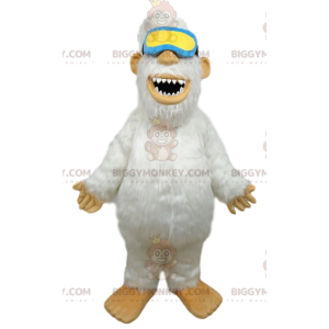 Traje de mascote BIGGYMONKEY™ de Yeti branco com óculos azuis e