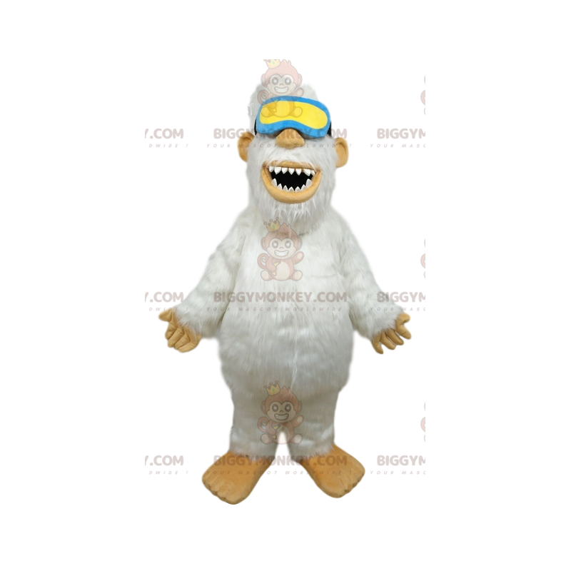 Traje de mascote BIGGYMONKEY™ de Yeti branco com óculos azuis e