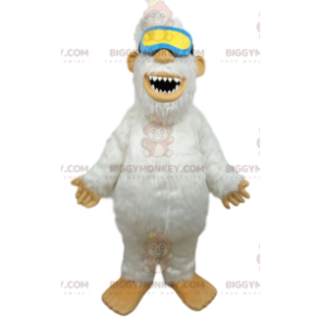 Traje de mascote BIGGYMONKEY™ de Yeti branco com óculos azuis e