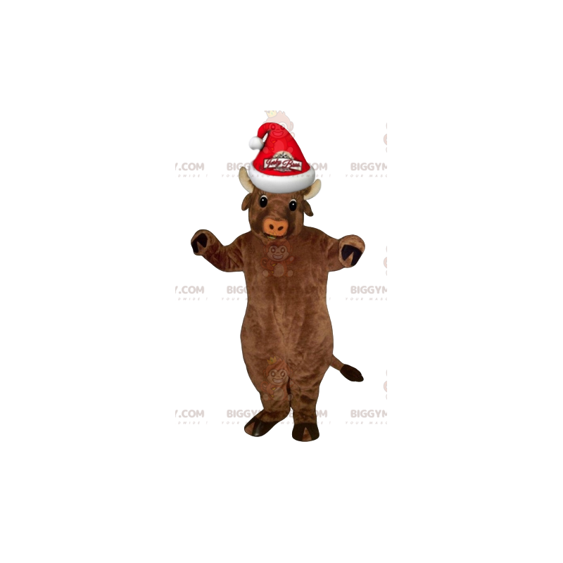 BIGGYMONKEY™ Mascot Costume Very Smiling Brown Cow With Santa