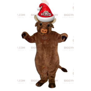 BIGGYMONKEY™ Mascot Costume Very Smiling Brown Cow With Santa