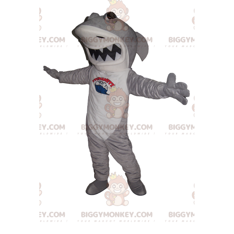 Grijze en witte haai BIGGYMONKEY™ mascottekostuum met groot