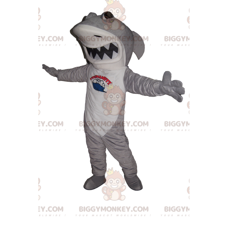 Traje de mascote de tubarão cinza e branco BIGGYMONKEY™ com