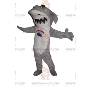 Kostium maskotka szaro-biały rekin BIGGYMONKEY™ z dużą szczęką