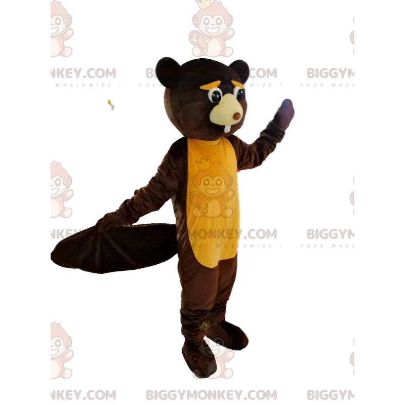Traje de mascote de castor marrom e amarelo muito fofo