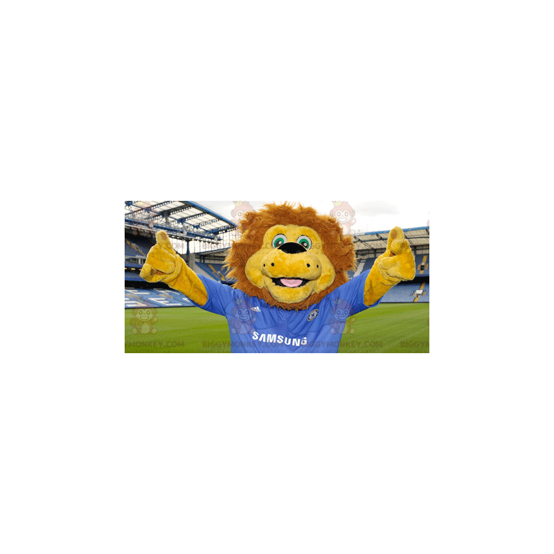 BIGGYMONKEY™ mascottekostuum van gele en bruine leeuw met blauw