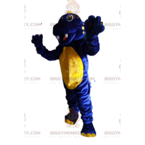 Traje de mascote de dinossauro azul e amarelo super animado