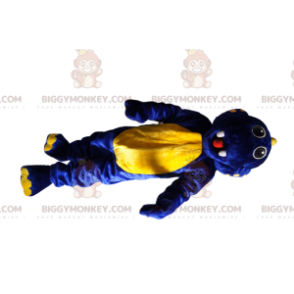 Traje de mascote de dinossauro azul e amarelo super animado
