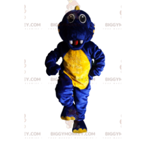 Traje de mascote de dinossauro azul e amarelo super animado