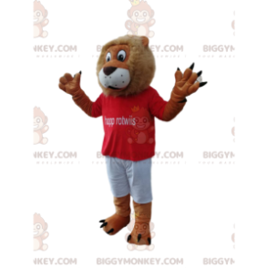 Fun Lion BIGGYMONKEY™ mascottekostuum met rood supportersshirt