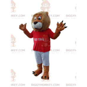 Rolig Lion BIGGYMONKEY™ maskotdräkt med röd supportertröja -