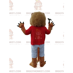 Sjovt løve BIGGYMONKEY™ maskotkostume med rød supporterskjorte
