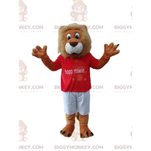 Hauska leijona BIGGYMONKEY™ maskottiasu punaisella tukipaidalla