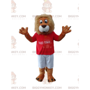 Fun Lion BIGGYMONKEY™ mascottekostuum met rood supportersshirt