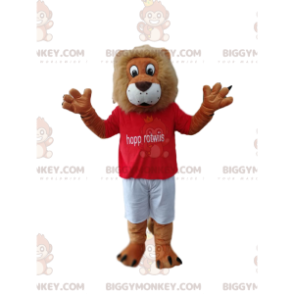 Hauska leijona BIGGYMONKEY™ maskottiasu punaisella tukipaidalla