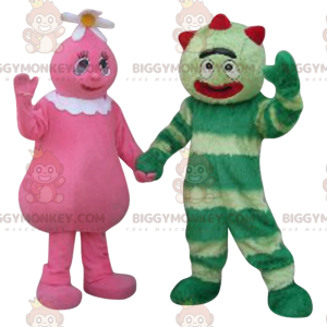 BIGGYMONKEY™ Mascottekostuum Duo van roze en groene karakters -