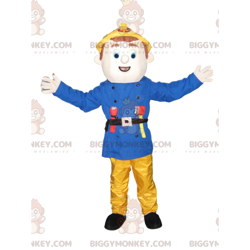 Brandweerman BIGGYMONKEY™ mascottekostuum met blauwe jas en