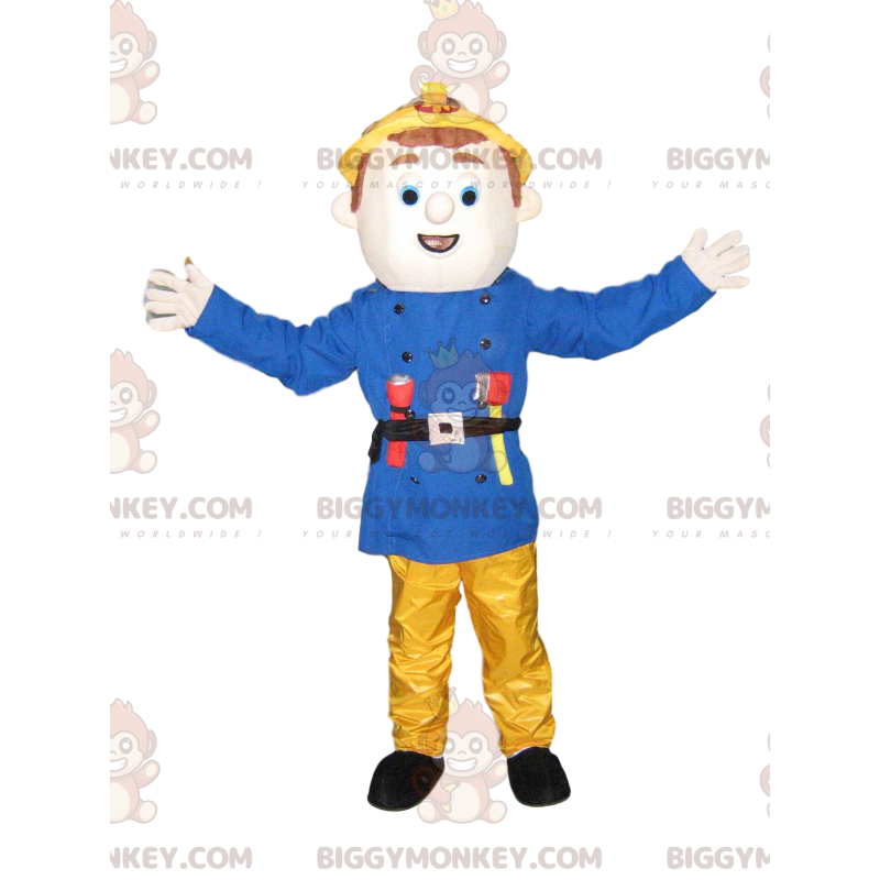 Traje de mascote Fireman BIGGYMONKEY™ com jaqueta azul e calça