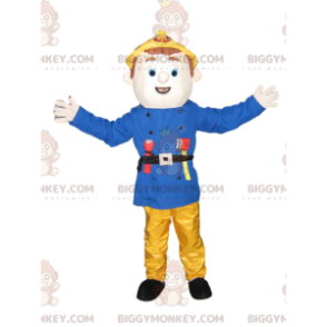 Traje de mascote Fireman BIGGYMONKEY™ com jaqueta azul e calça