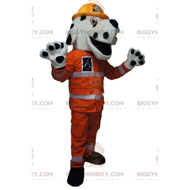 BIGGYMONKEY™ Mascot Costume White and Black Dog with Orange