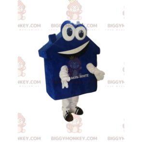 Zeer glimlachend blauw en wit huis BIGGYMONKEY™ mascottekostuum